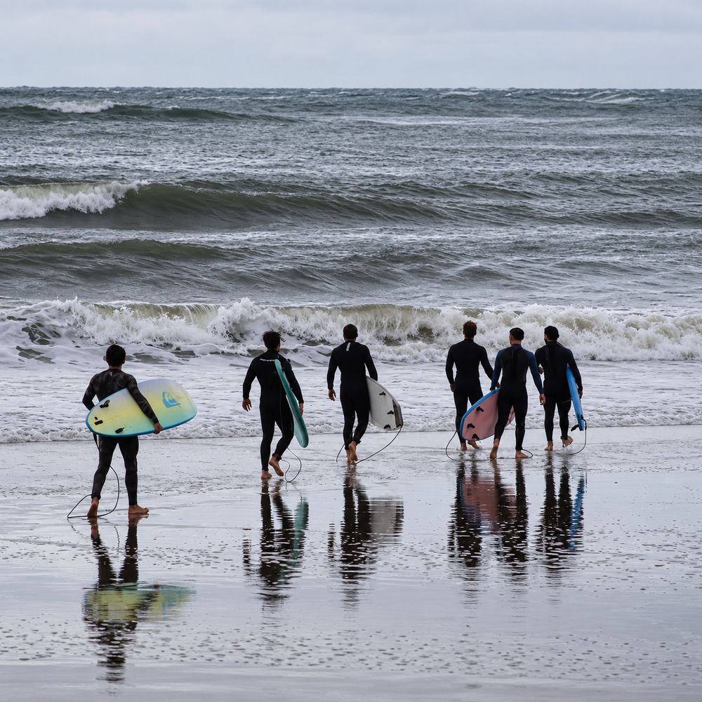 Grupo de surfistas entrando al mar con sus tablas