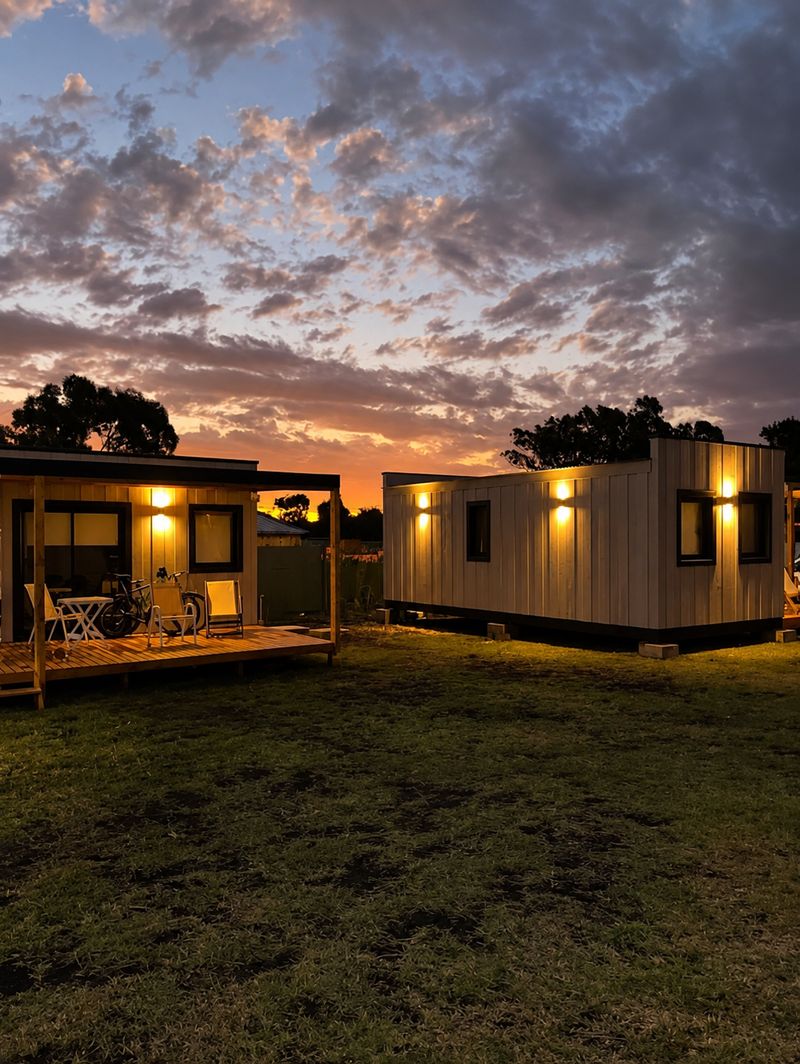 Dos casas con las luces prendidas al atardecer